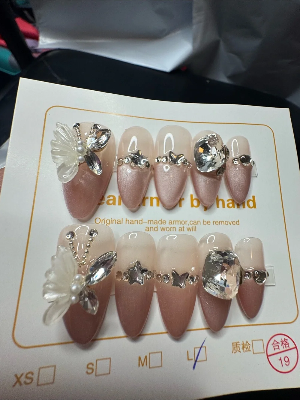 Handmade Rhinestone Butterfly Press-On Nails - Pink Ombre